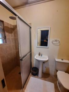 ein Badezimmer mit Dusche, Waschbecken und Toilette in der Unterkunft Rancho Campestre CDG in Rio Negrinho