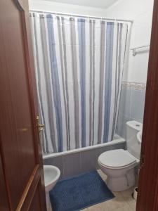 a bathroom with a toilet and a shower curtain at APARTAMENTO EL RINCÓN in La Restinga +18 photos