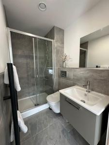 a bathroom with a shower and a sink and a toilet at Luxury central York Apartment in York