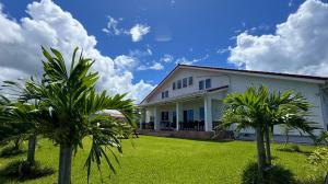 a white house with palm trees in the yard at ZARATAN in Motobu