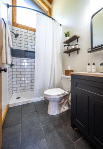 ein Badezimmer mit Toilette und Dusche in der Unterkunft Breathtaking 5-Bedroom Getaway with game room, hot tub, and theatre room in Pigeon Forge