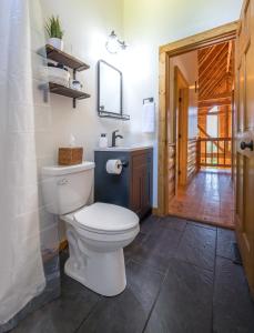 ein Badezimmer mit Toilette, Waschbecken und Spiegel in der Unterkunft Breathtaking 5-Bedroom Getaway with game room, hot tub, and theatre room in Pigeon Forge + 27 Fotos