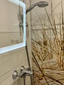 einem Duschkopf im Bad neben einer Pflanze in der Unterkunft Residenz am Yachthafen, Whg 4 in Grömitz