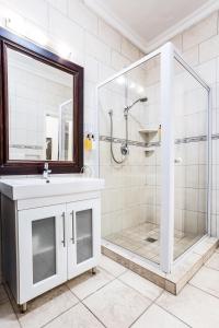 a bathroom with a shower and a sink and a mirror at Avemore Vredehof No 2 - full Backup Power in Stellenbosch +14 photos