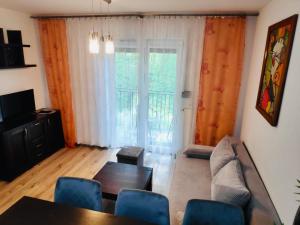 a living room with a couch and a table at Apartament Podmiejska in Jastrzębie Zdrój
