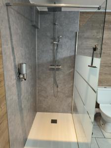 a shower in a bathroom with a toilet at Les Champs De La Mer in Auberville-la-Renault +5 photos