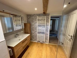 a bathroom with a sink and a shower and a mirror at Ferienwohnung Wesertraum in Lauenförde +12 photos