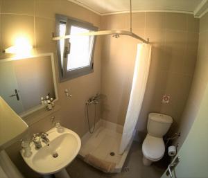 a bathroom with a sink and a toilet and a shower at Domatia me Thea in Elafonisos