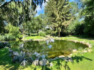 a pond in a park with trees and grass at Biotop Kotlyk in Netvořice