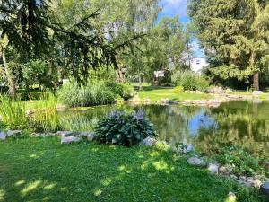 a pond in a garden with grass and trees at Biotop Kotlyk in Netvořice