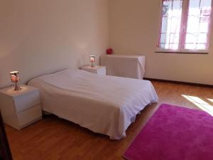 ein Schlafzimmer mit einem weißen Bett und einem lila Teppich in der Unterkunft Madeira house garden Villa in Estreito de Câmara de Lobos