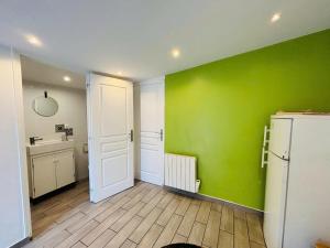 a kitchen with green walls and a white door at Studio T2 proche Jardin de Plantes Rouen in Rouen