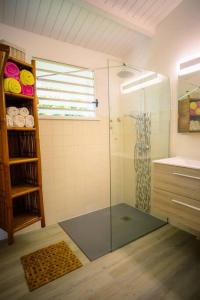 a bathroom with a shower with a glass door at Villa Le Ropert'Zen in Saint-François +18 photos