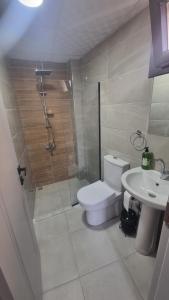 a bathroom with a shower and a toilet and a sink at Ugem in Seferihisar +40 photos