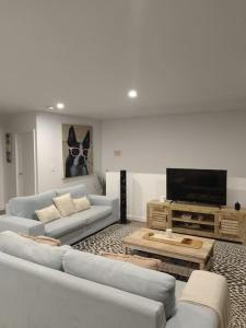 a living room with couches and a flat screen tv at Living The Dream Penthouse in Tweed Heads