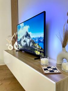 a flat screen tv sitting on top of a dresser at Sologne évasion in La Ferté-Saint-Aubin