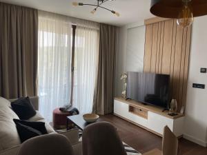 a living room with a couch and a television at Zlatibor Wayout, Spa & Wellness in Zlatibor