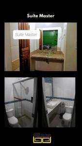 two pictures of a bathroom with two toilets and a sink at Pousada Bosque dos Aruãs in Salvaterra +16 photos