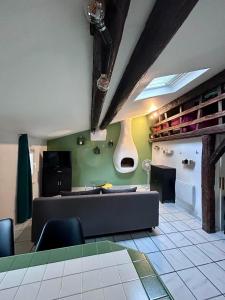 ein Wohnzimmer mit Couch und Kamin in der Unterkunft Studio Cosy au Coeur de Narbonne in Narbonne