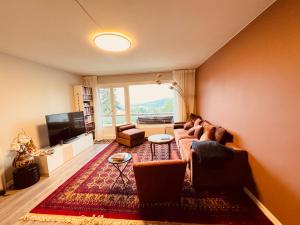 a living room with a couch and a tv at Topp leilighet i Oslo,Gratis parkering,balkong med utsikt in Høybråten