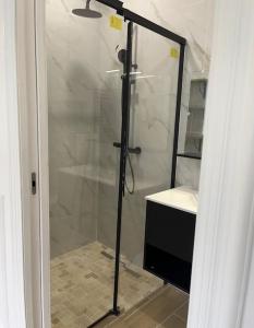 una ducha con puerta de cristal en un baño en Appartement avec jardin C, en Nogent-sur-Marne