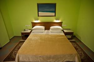 a bedroom with two beds in a green room at Akti in Nafpaktos