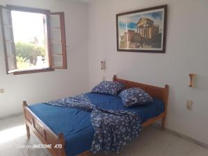 a bedroom with a bed with blue sheets and a window at Maison La rose 1 in Mezraya