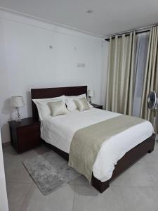 a white bedroom with a large bed and a window at Julz Lake View Studio Apartment Bukasa Muyenga in Muyenga 
