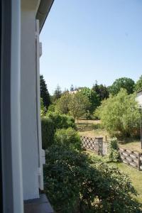 a porch of a house with a view of a yard at Ferienwohnung Ilse im Haus Namenlos in Baruth