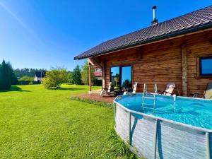 a pool in front of a log house at Pirtiņa in Zeltiņi