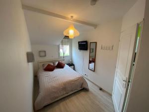 a bedroom with a bed and a chandelier at Appartement T3 individuel avec accès piscine et jardin privés in Basse-Goulaine +35 photos