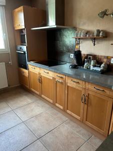 a kitchen with wooden cabinets and a stove top oven at Maison Villa in Chenôve