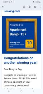Certifikát, hodnocení, plakát nebo jiný dokument vystavený v ubytování Apartment Banjol 137