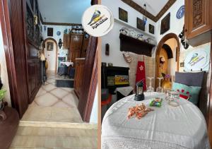 two pictures of a room with a table and a hallway at Popis Maison in Rhodes Town