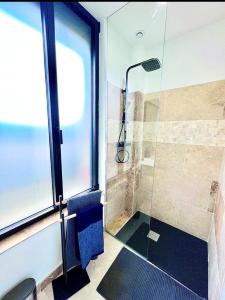a bathroom with a shower with a glass door at La Maison du faubourg & Spa in Vitry-le-François