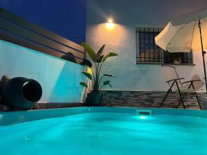 ein blauer Swimmingpool mit einer Pflanze in einem Zimmer in der Unterkunft Villa Dehesa 466 piscina-barbacoa-2hab in Torrox