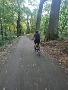 a man riding a bike down a road at Casa Kanella Vakantiewoning in Maasmechelen