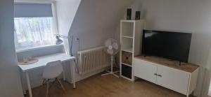 a living room with a tv and a desk and a tvictericter at Great Stay Botanischer Garten in Kassel