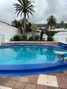 a large blue swimming pool with palm trees in the background at Casa Betania ocean view in La Orotava