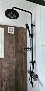a shower with a shower head in a bathroom at Royal Resort Cosy Cabin met Hottub in Haarle
