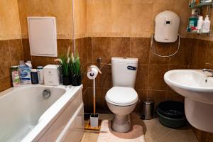 a bathroom with a toilet and a sink and a tub at Alpine Retreat Maisonette in Bansko