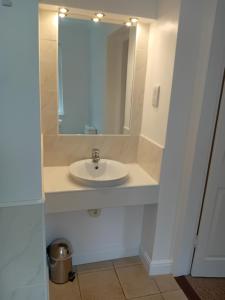a bathroom with a sink and a mirror at Abbeyside Cottage in Kelso