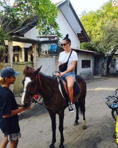 吉利特拉旺安Purba Rooms Gili Trawangan的一名女子坐在马背上，旁边是一名男孩