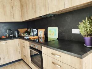 a kitchen with wooden cabinets and a black counter top at Brand New Place in the City Centre in Žilina