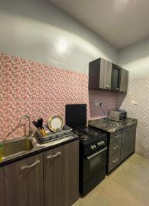 a small kitchen with a stove and a sink at Vintage Homes Lekki in Lagos +22 photos