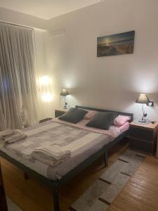 a bedroom with a bed with two tables and two lamps at Casa Stella Malpensa in Cassano Magnago