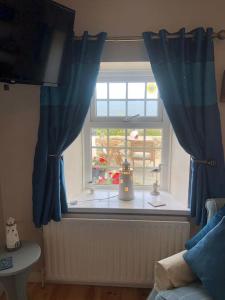 a window with blue curtains in a room at Promenade Cottage, Newcastle, County Down in Widows Row +33 photos