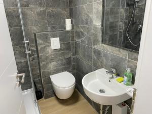 a bathroom with a toilet and a sink at Garden Retreat - Küche - Bad - Garten in Niedernhall +9 photos