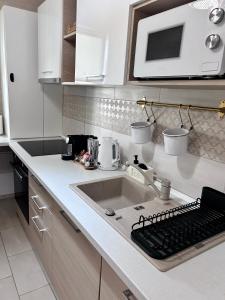 a kitchen with a sink and a microwave at EM House in Otopeni