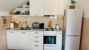 a white kitchen with a stove and a refrigerator at GreenZen reset space in Zagorič